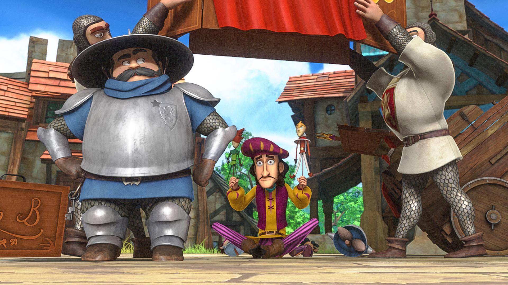 Die Wachen des Sheriffs heben die Puppenbühne in die Höhe. Darunter sitzt mit zwei Puppen der Puppenspieler am Boden. Der Sheriff schaut zufrieden zu.