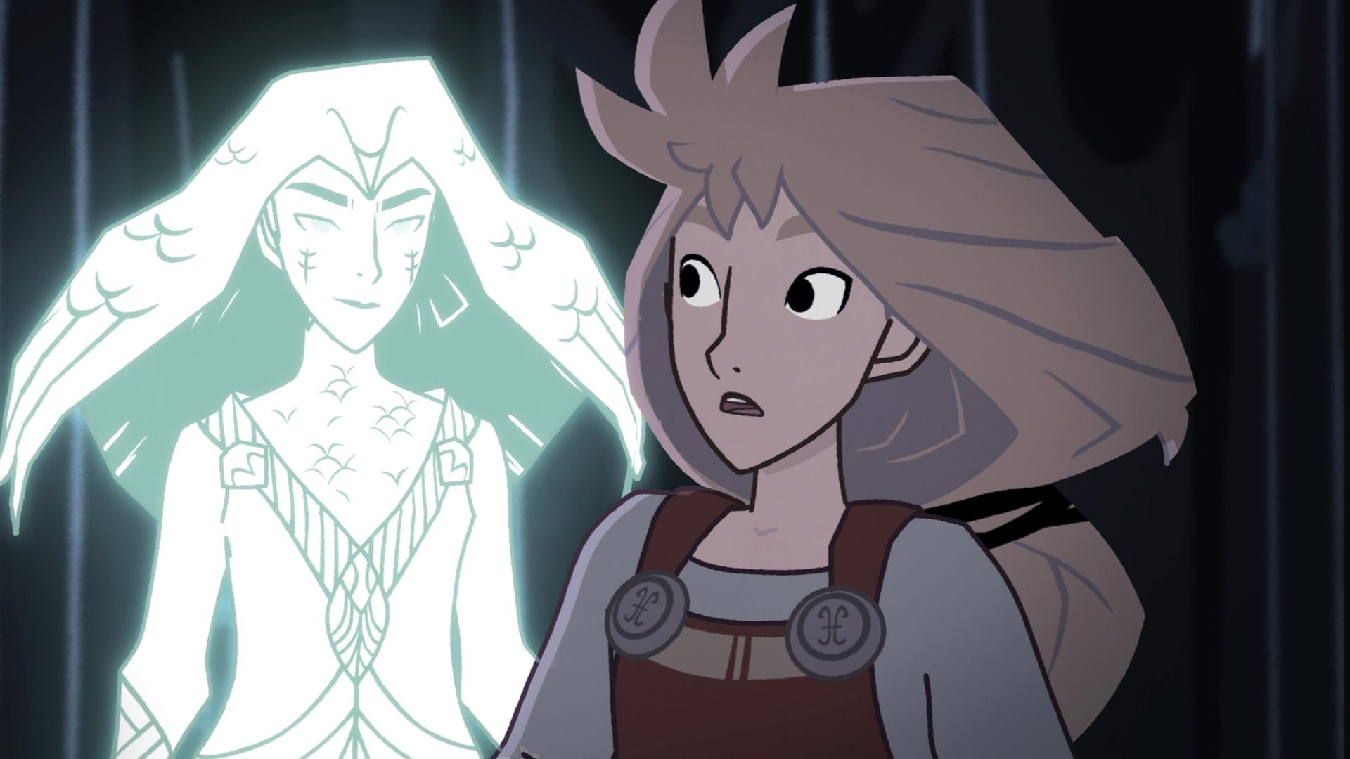 Es ist dunkel und Alice schaut ängstlich nach hinten zu einem Geist. Es ist eine Frau mit langen Haaren und seltsamen Zeichnungen auf den Wangen.