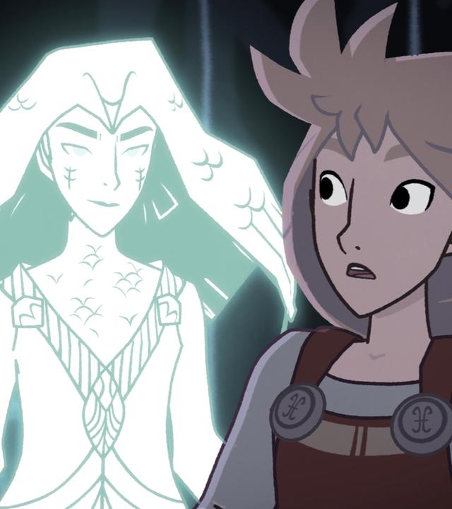 Es ist dunkel und Alice schaut ängstlich nach hinten zu einem Geist. Es ist eine Frau mit langen Haaren und seltsamen Zeichnungen auf den Wangen.