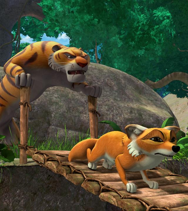 Shir Khan stemmt sich auf die Stützen einer Hängebrücke am Ufer. Tabaqui steht auf der Brücke.
