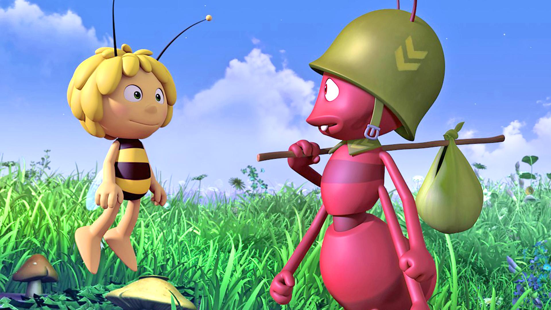 Maja und ein Ameisensoldat mit seinem Marschgepäck am Stock.