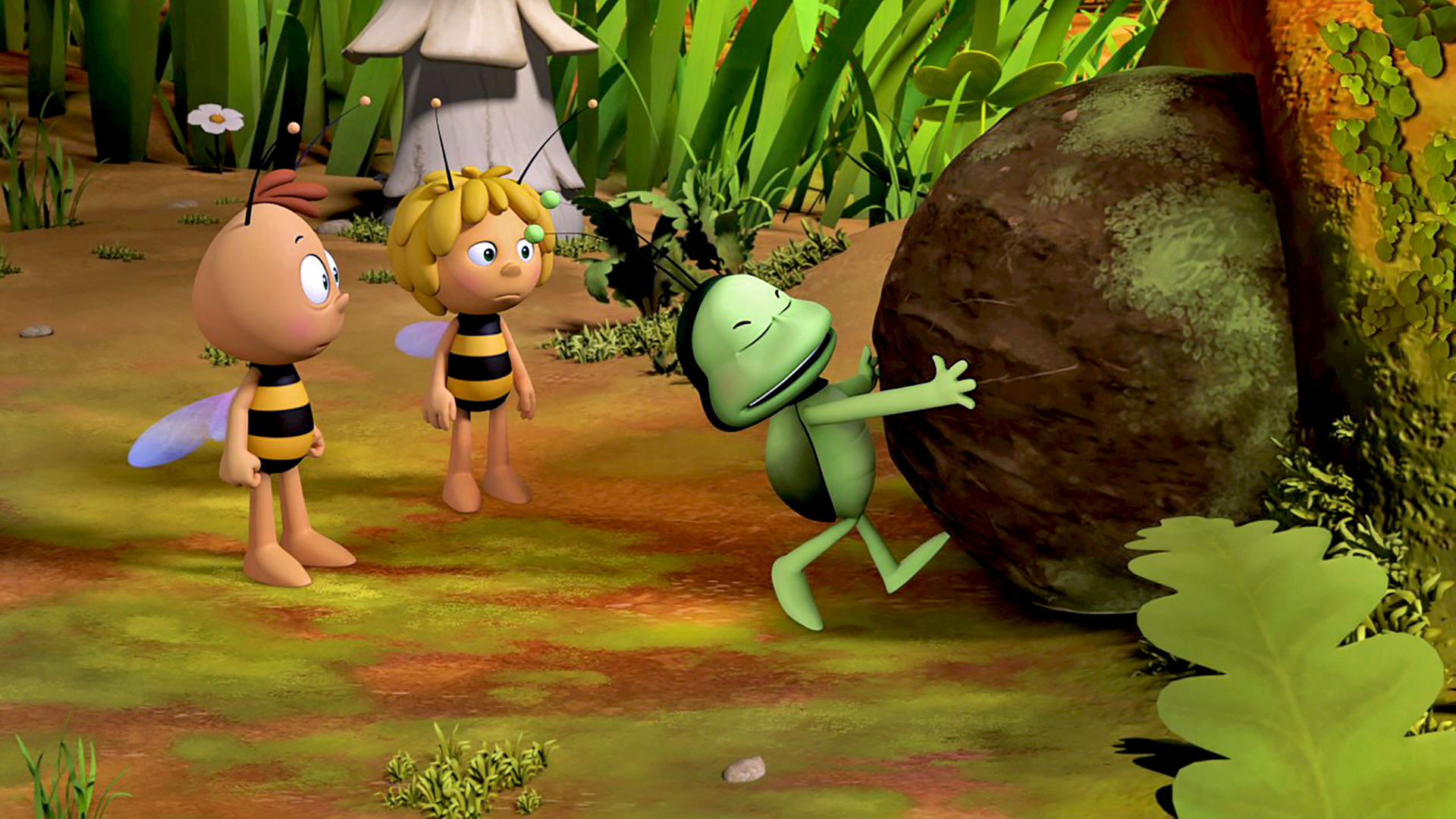 Flip und Maja bewundern Ballis Mistkugel, an die sich Balli klammert.