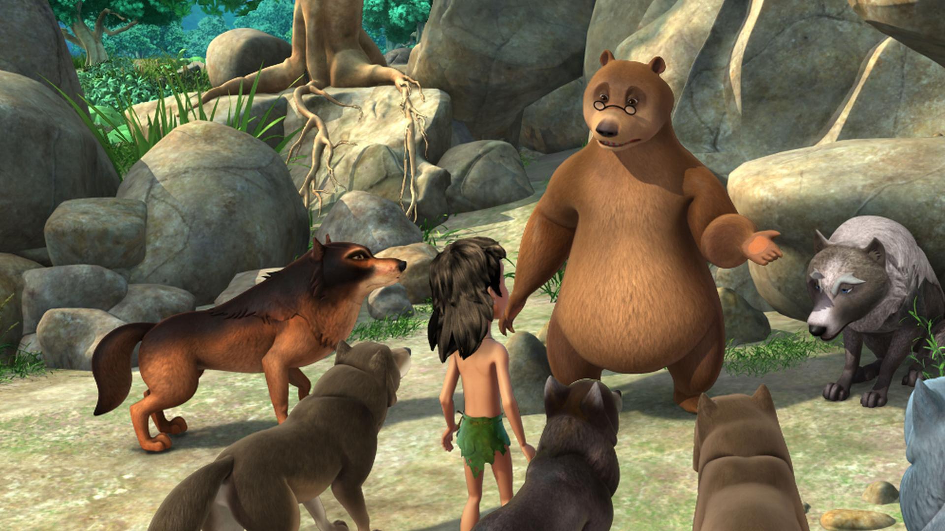 Balu steht vor dem Wolfrudel. Rechts neben ihm kauert der kranke Akela. Mogli und vier Wölfe stehen Balu gegenüber und hören im zu.