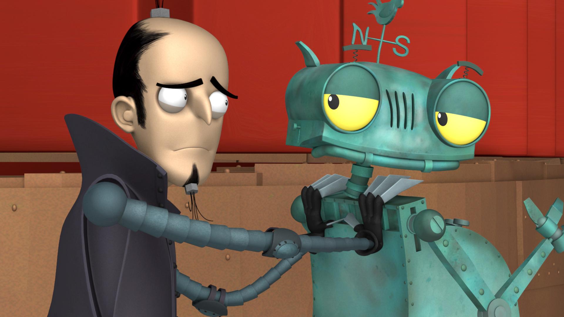 Ritter Rost und der Ehrliche Enzo schauen sich an. Enzo schaut besorgt, während Rösti zufrieden grinst.