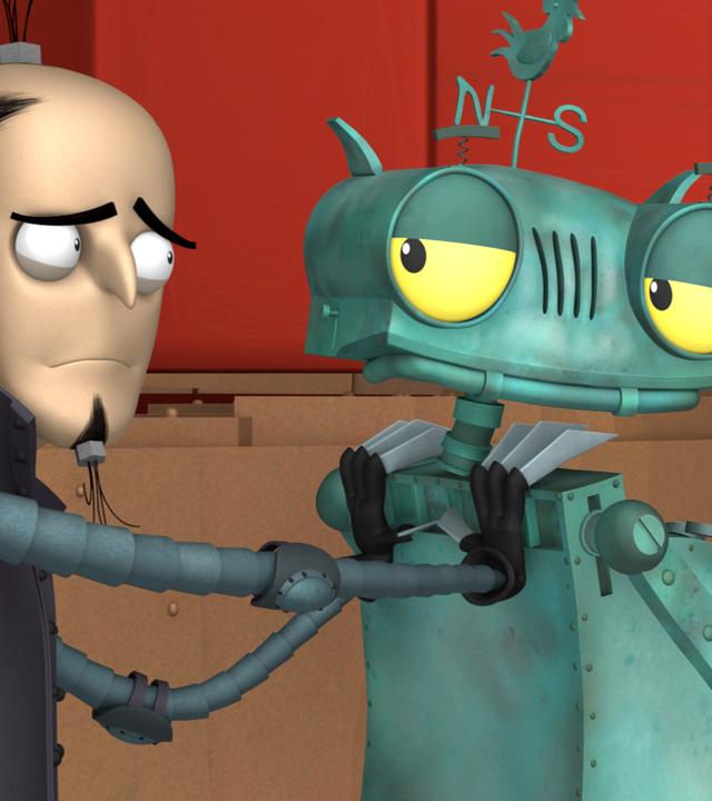 Ritter Rost und der Ehrliche Enzo schauen sich an. Enzo schaut besorgt, während Rösti zufrieden grinst.