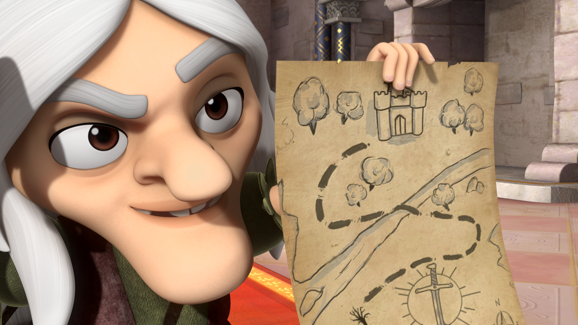 Die alte Druidin zeigt eine Schatzkarte.