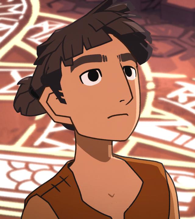 Hugo blickt fragend nach oben. Hinter ihm auf dem Höhlenboden sieht man leuchtende Ornamente.