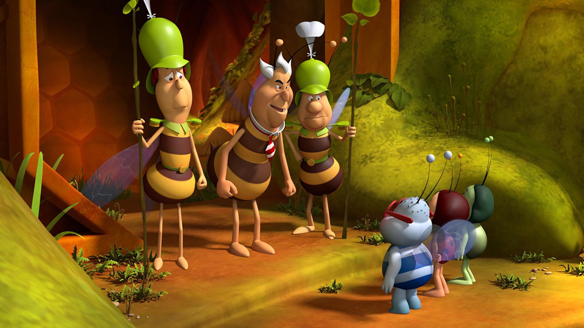 Richter Bienenwachs wird von Ben und seinen Freunden zur Rede gestellt. Hinter Richter Bienenwachs stehen zwei Wachen.