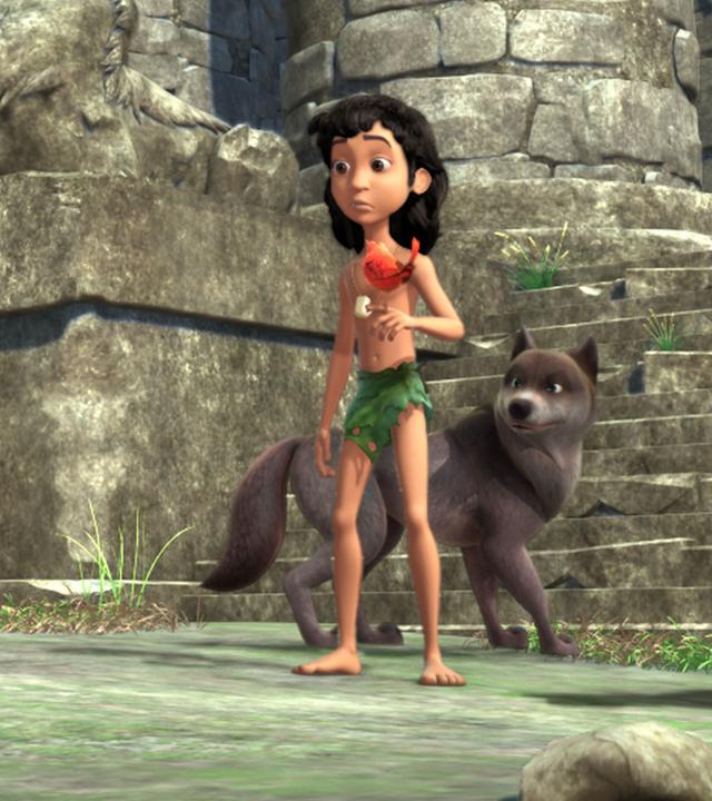 Drei Wölfe und Mogli mit Vogel Darsi stehen vor Tempelruinen.