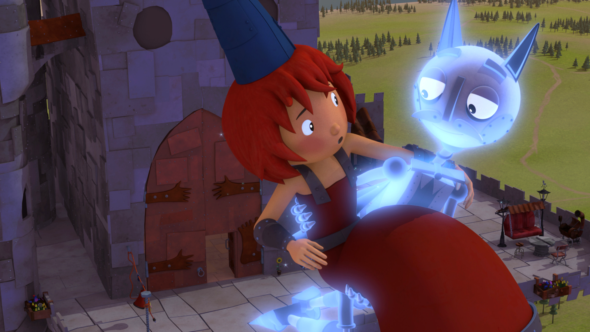 Der Geisterritter entführt Bö. Er trägt sie auf Händen und schwebt mit ihr durch die Lüfte.