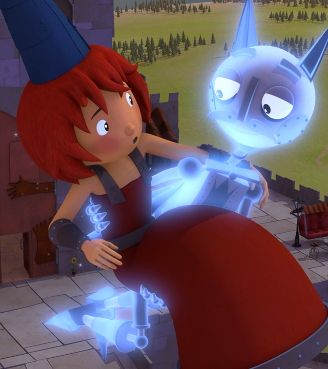 Der Geisterritter entführt Bö. Er trägt sie auf Händen und schwebt mit ihr durch die Lüfte.