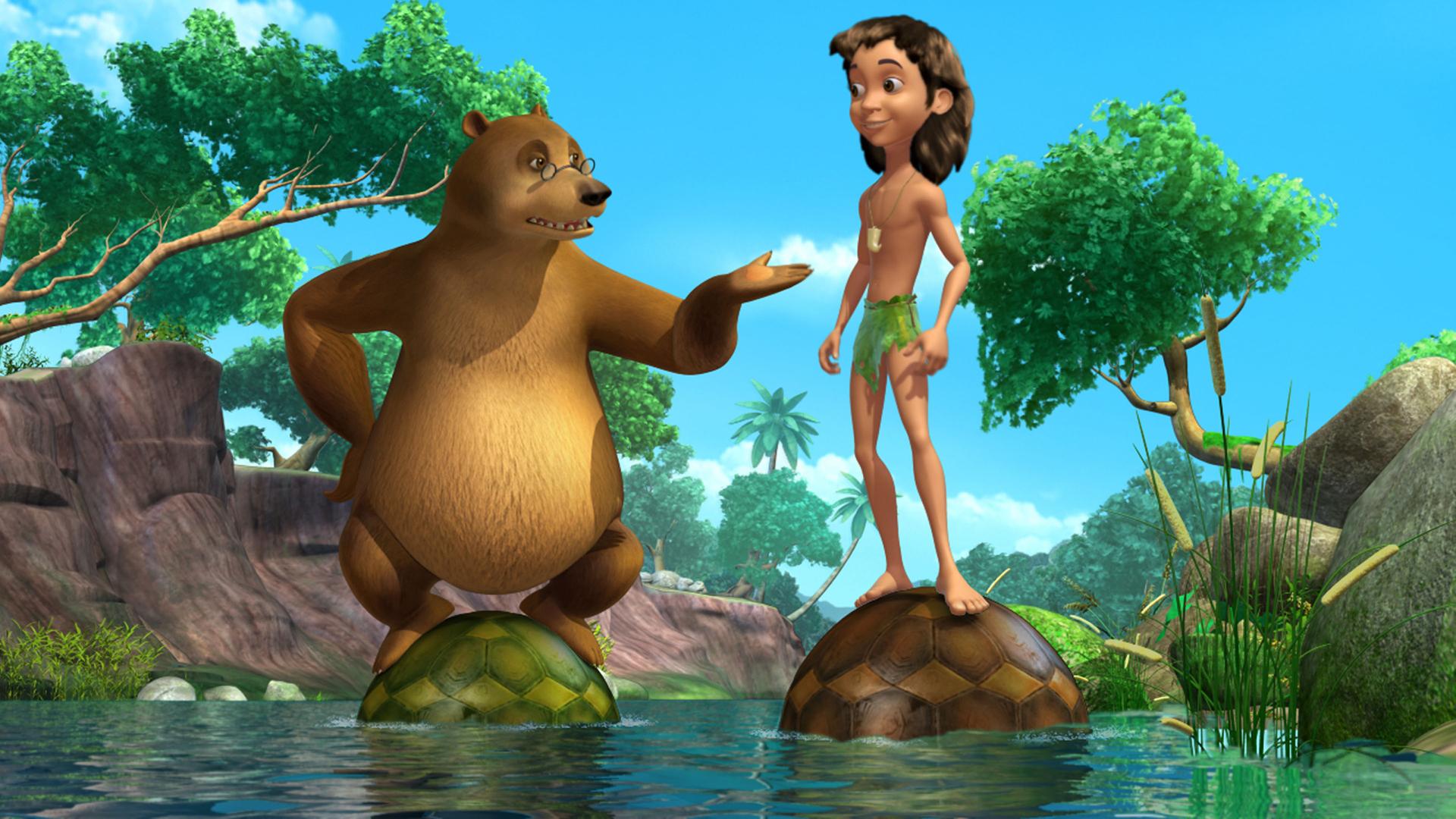 Balu und Mogli wollen um die Wette fischen.