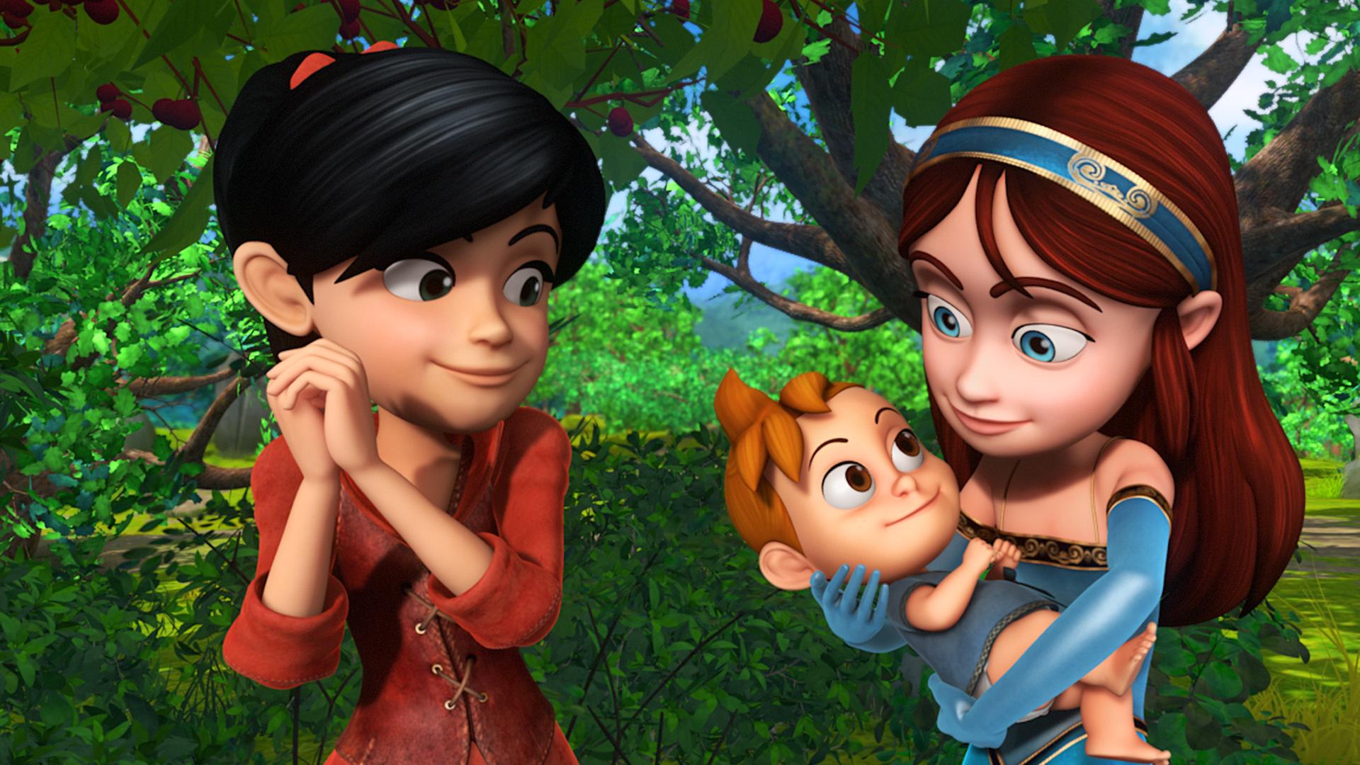 Scarlett und Marian stehen im Wald. Marian hat ein Baby im Arm. Scarlett schaut ganz verzückt.