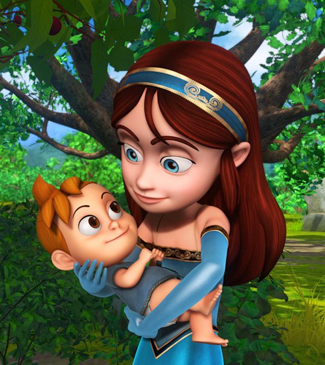 Scarlett und Marian stehen im Wald. Marian hat ein Baby im Arm. Scarlett schaut ganz verzückt.