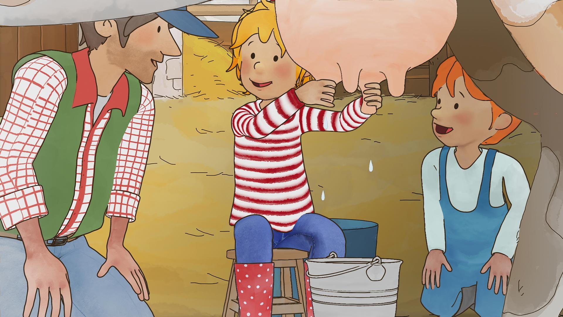 Conni lernt eine Kuh zu melken