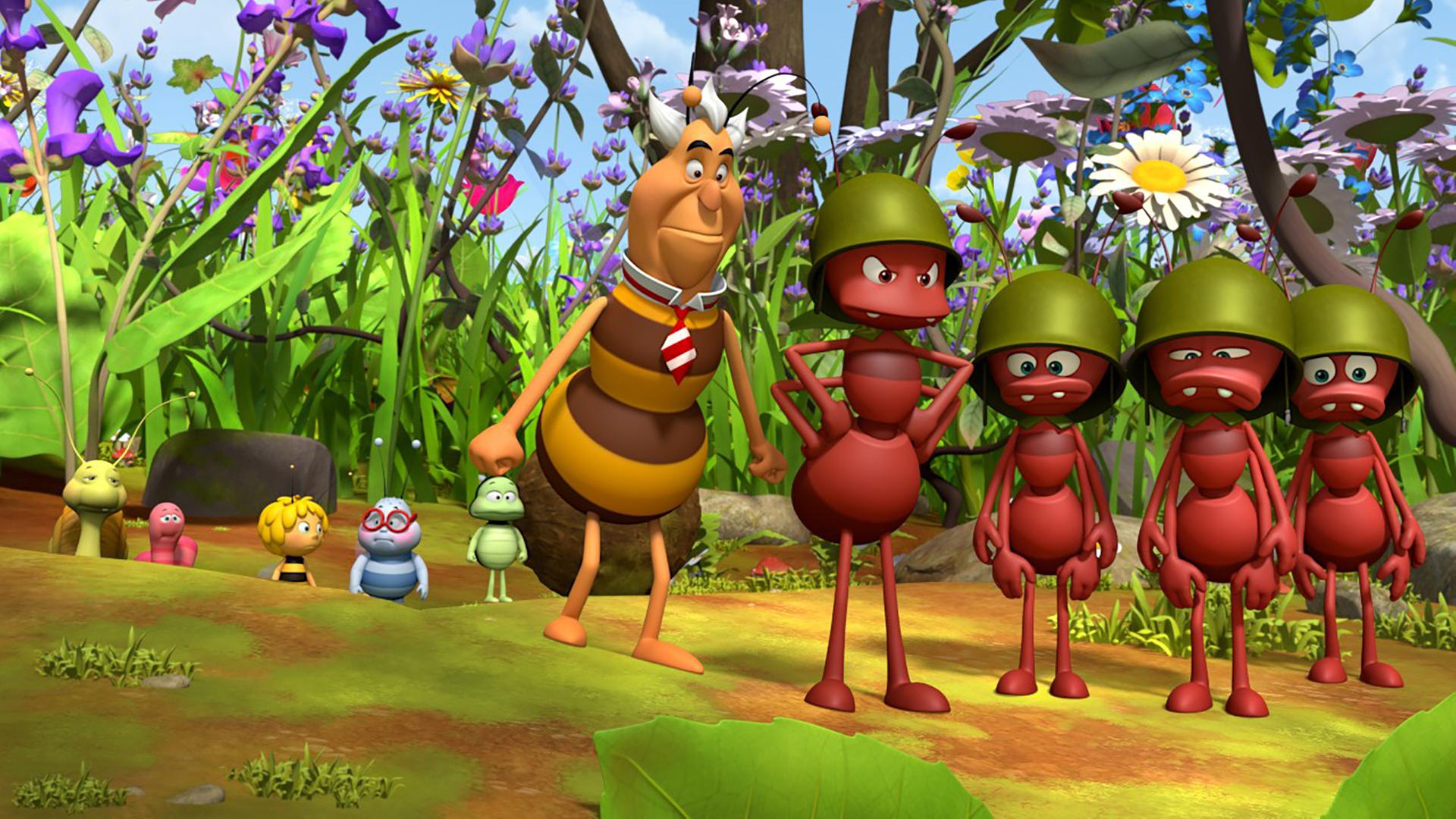 Ameisenführer Paul steht mit seinen Ameisentruppen neben Richter Bienenwachs. Maja beobachtet mit ihren Freunden die Szenerie.