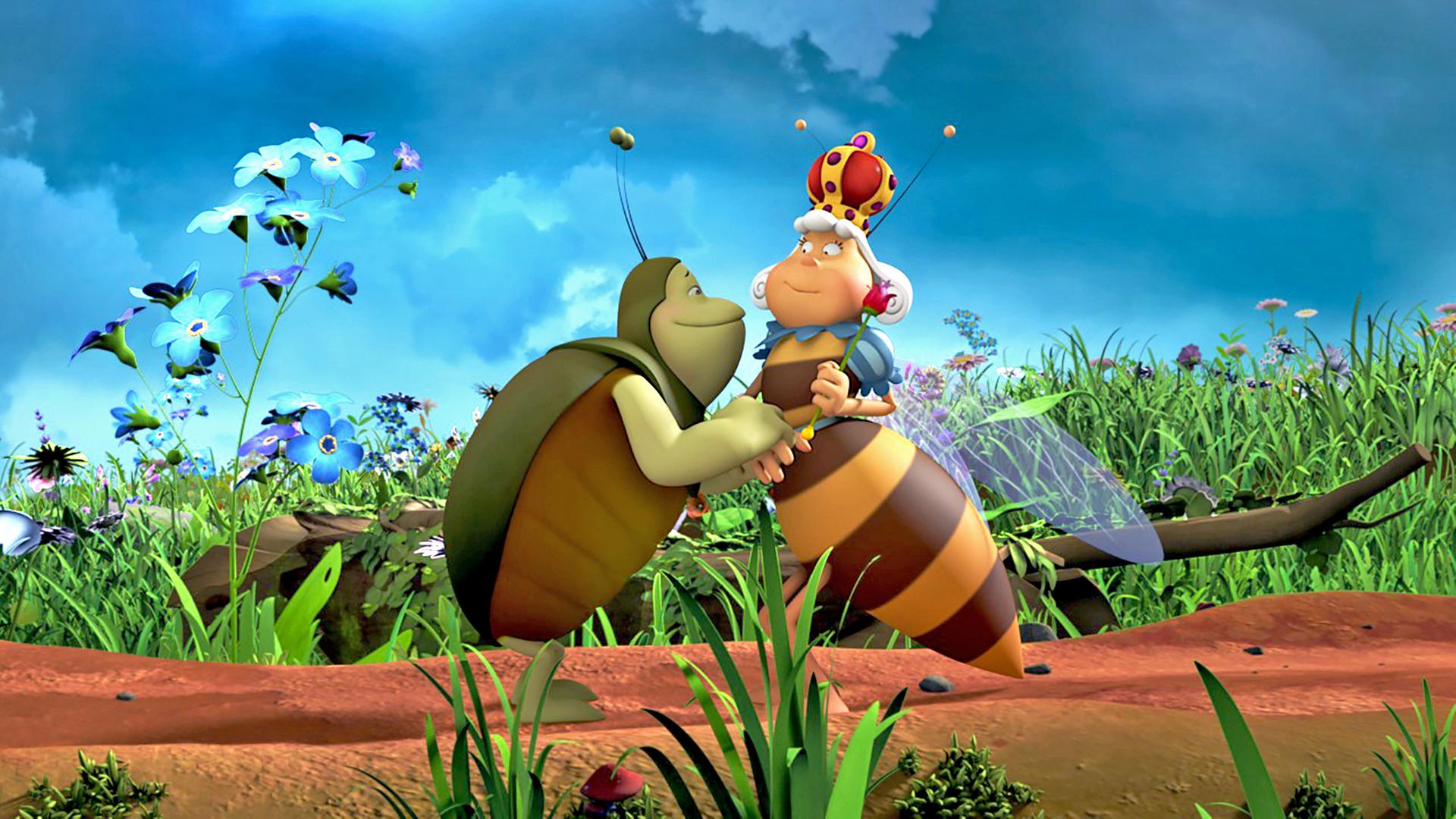 Kurt schmachtet die Bienenkönigin an. Beide stehen sich auf einer Blumenwiese gegenüber.