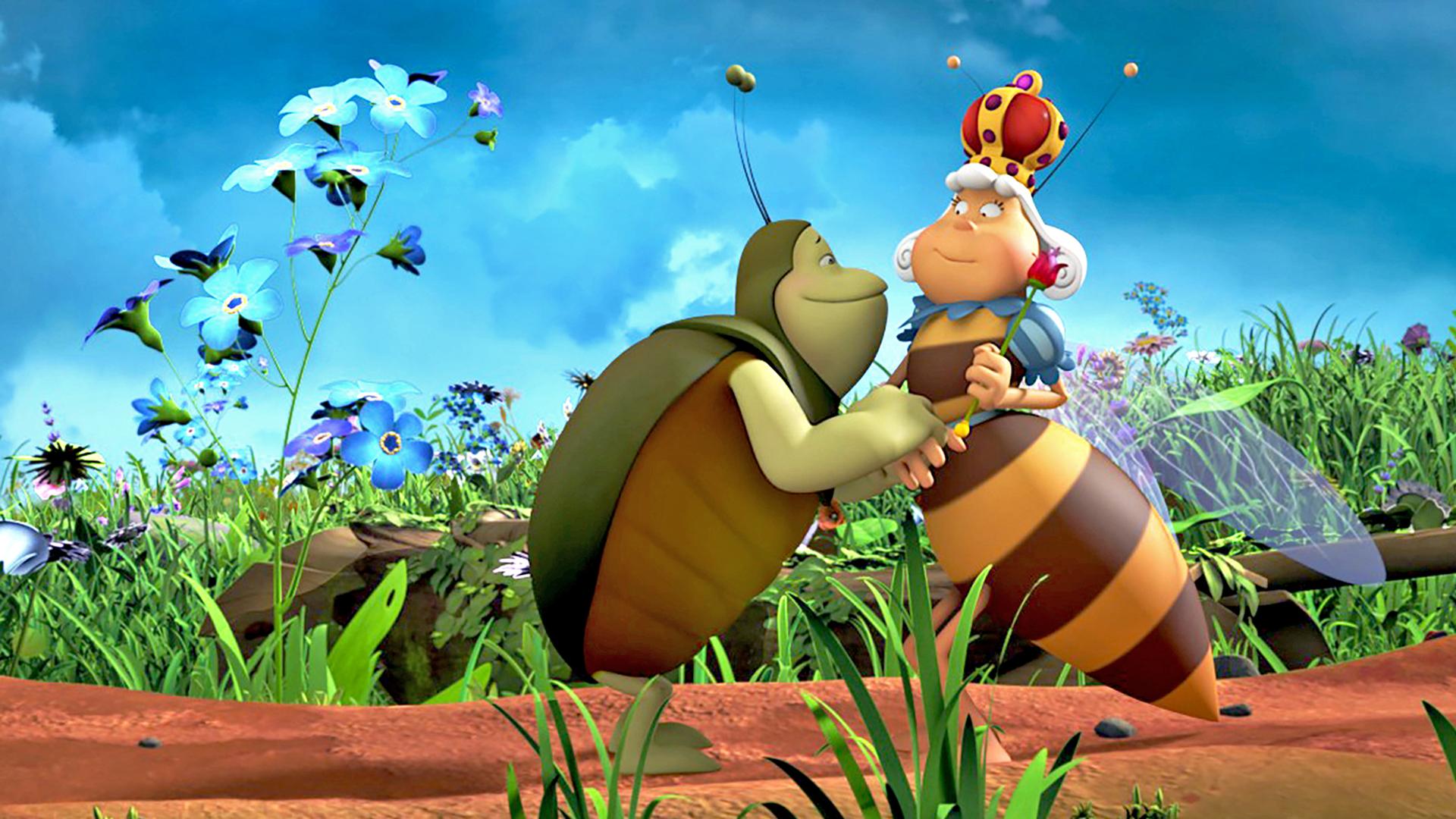 Kurt schmachtet die Bienenkönigin an. Beide stehen sich auf einer Blumenwiese gegenüber.