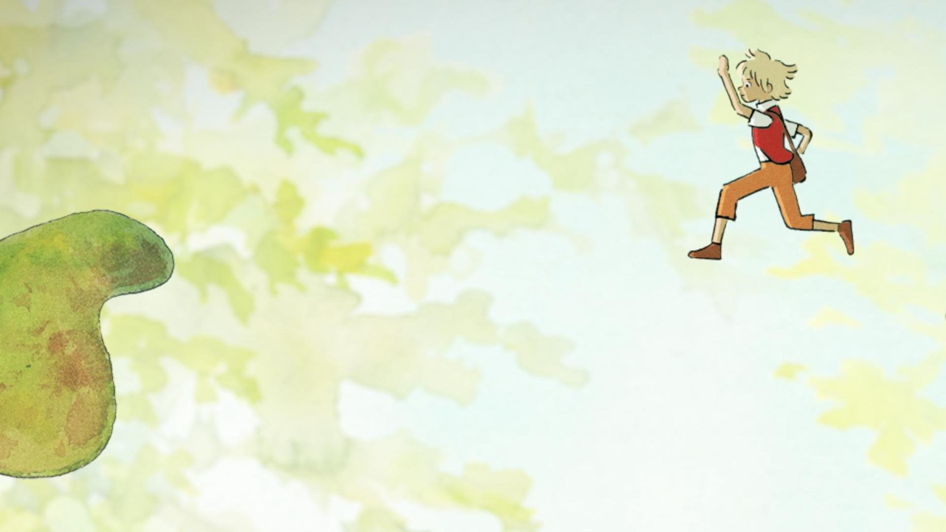 Zwischen zwei großen Eichenblättern springt der winzige Tobie von Blatt zu Blatt. Gerade befindet er sich in der Luft. Er hat blonde Haare, eine rote Weste und orangefarbene Hosen an. Einen Arm hebt er in die Luft beim Springen.