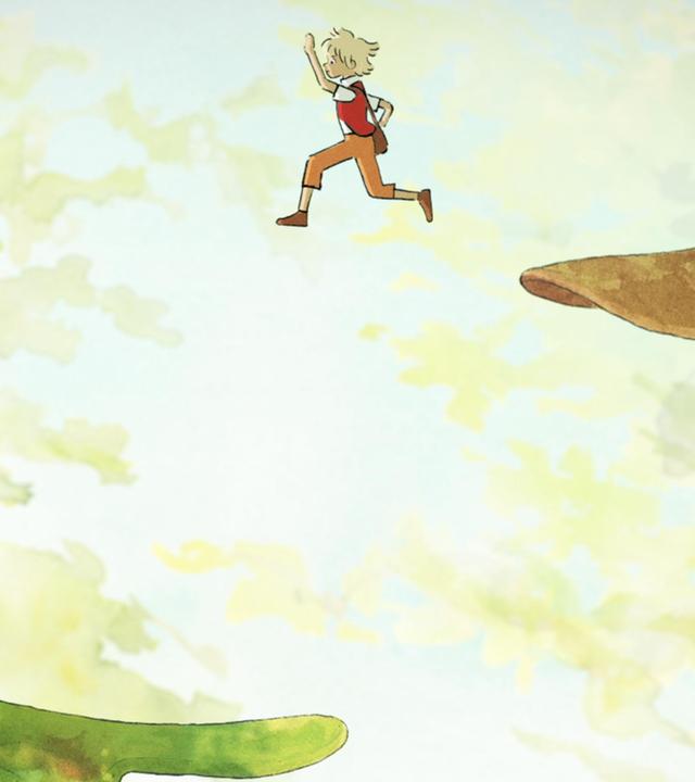 Zwischen zwei großen Eichenblättern springt der winzige Tobie von Blatt zu Blatt. Gerade befindet er sich in der Luft. Er hat blonde Haare, eine rote Weste und orangefarbene Hosen an. Einen Arm hebt er in die Luft beim Springen.