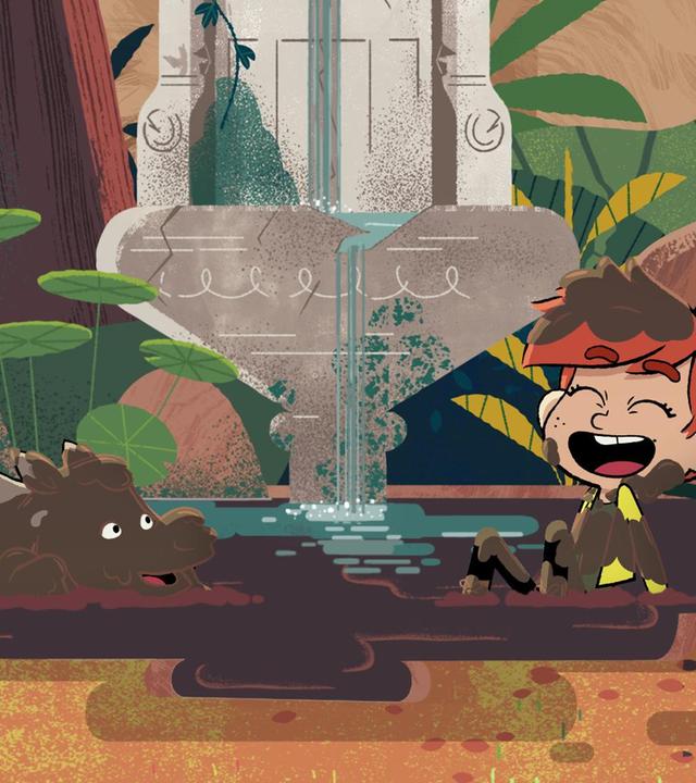 Taylor sitzt lachelnd mit dem Nashorn-Baby in einer Schlammpfütze. Die beiden sind voll mit Schlamm.