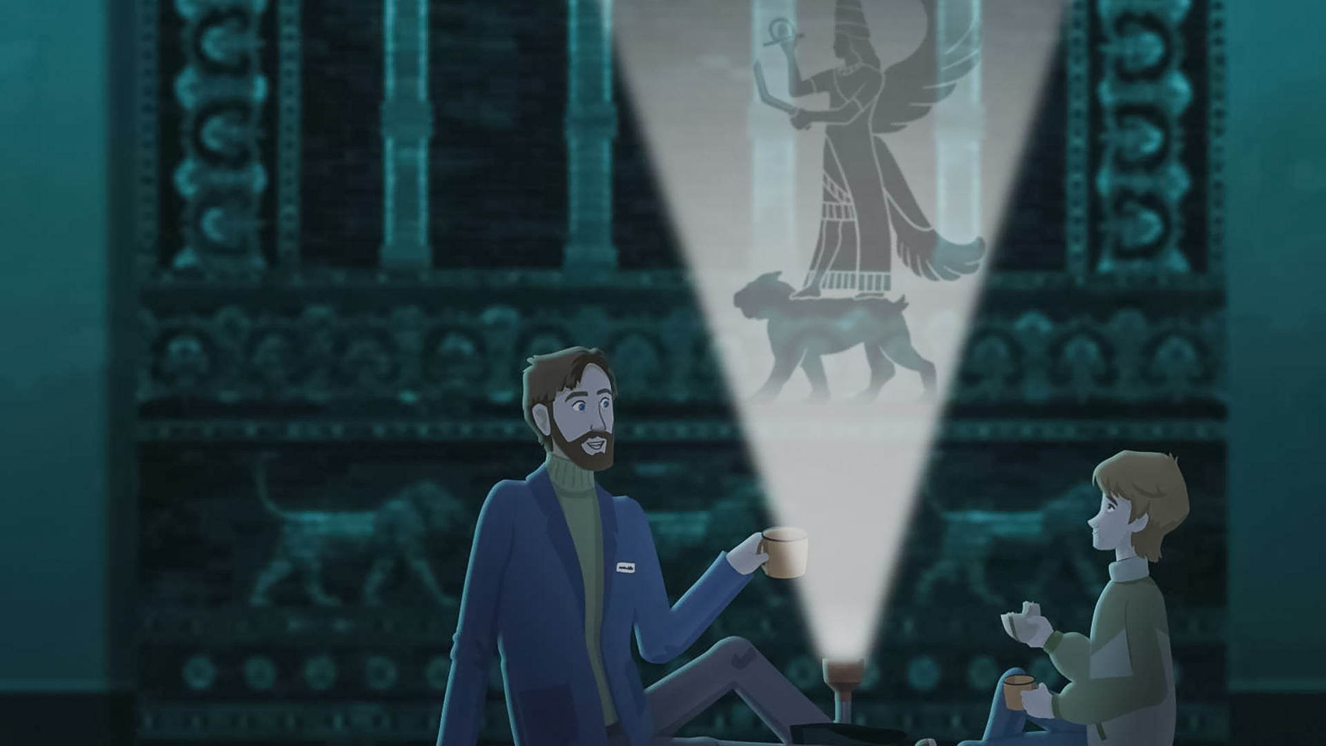 Onkel Henry und Paul sitzen am Fuße des Ischtartores und machen ein Picknick. Im Schein der Taschenlampe sind der Schatten eines Löwen und einer geflügelten Götterfigur zu sehen.