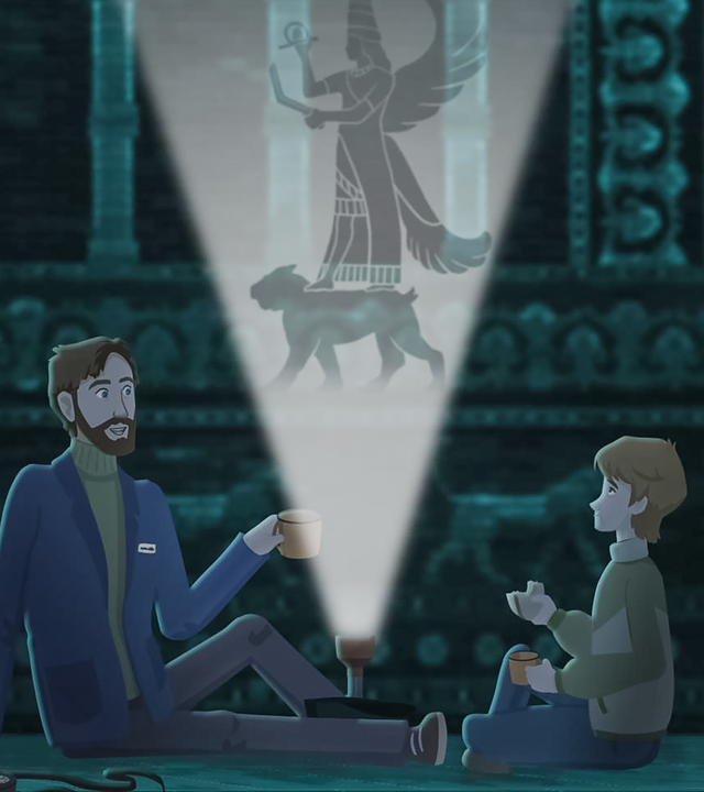 Onkel Henry und Paul sitzen am Fuße des Ischtartores und machen ein Picknick. Im Schein der Taschenlampe sind der Schatten eines Löwen und einer geflügelten Götterfigur zu sehen.