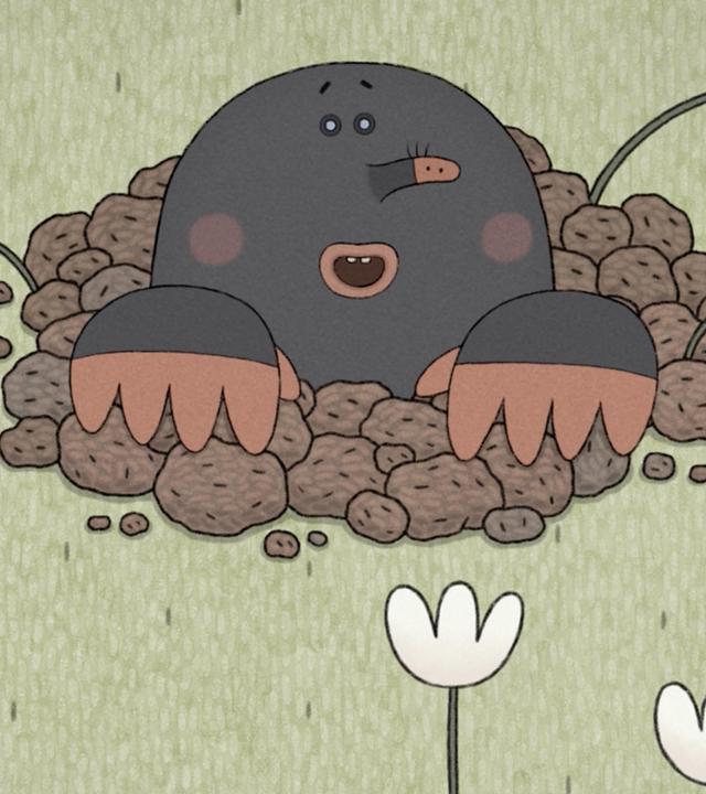 Inmitten einer Wiese mit vielen weißen Blumen hat sich ein Maulwurf an die Erdoberfläche gegraben. Er hat einen glücklichen Gesichtsausdruck. Er hört Bäuerin Lena zu, die mit ihrem Lied den Frühling begrüßt.