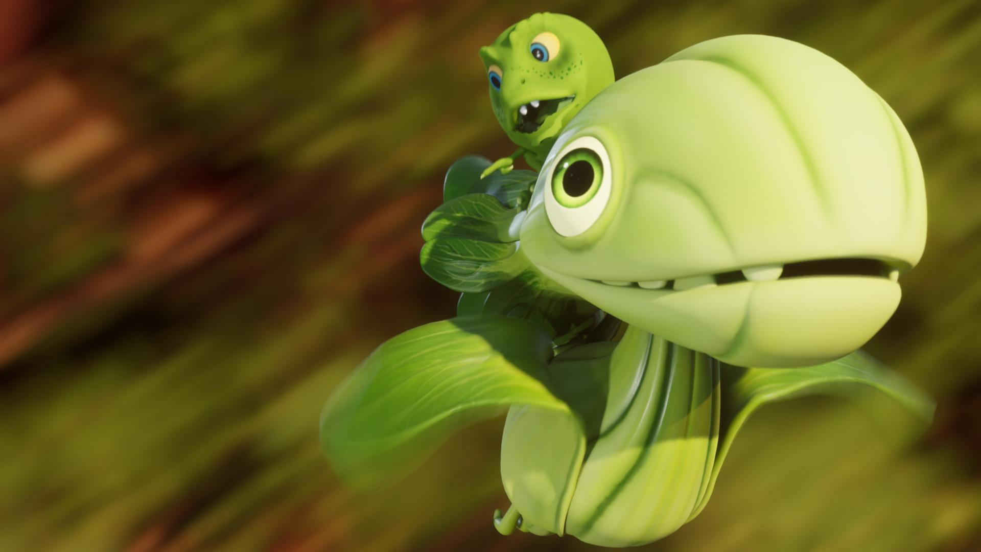 Erbs-Rex Minzi sitzt auf dem Rücken eines fliegenden Pakchoidactylus. Sie fliegen schnell, der Hintergrund ist unscharf. Erbs-Rexe sind Erbsen mit einem Dinosaurier-Gesicht und ein Pakchoidactylus ist ein fliegender Saurier, der dem Chinesischen Blätterkohl ähnelt.