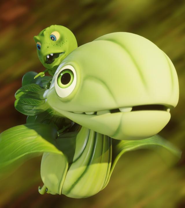 Erbs-Rex Minzi sitzt auf dem Rücken eines fliegenden Pakchoidactylus. Sie fliegen schnell, der Hintergrund ist unscharf. Erbs-Rexe sind Erbsen mit einem Dinosaurier-Gesicht und ein Pakchoidactylus ist ein fliegender Saurier, der dem Chinesischen Blätterkohl ähnelt.