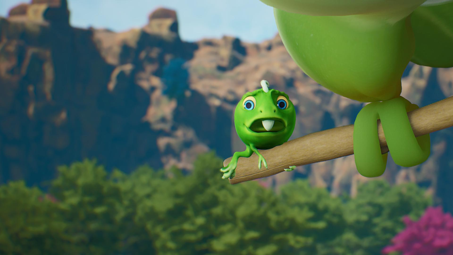 Der Erbs-Rex Split klammert sich ängstlich an ein Stöckchen. Erbs-Rexe sind kleine, grüne, runde Erbsen mit einem lustigen Gesicht und kleinen Ärmchen und Füßchen. Das Stöckchen wiederum ist in den Krallen eines riesigen Vogels, der aber nicht ganz im Bild ist - wir sehen von ihm nur die Krallen und ein bisschen seinen Körper. Split und Vogel sind hoch oben - im Hintergrund sehen wir einen Bergrücken.