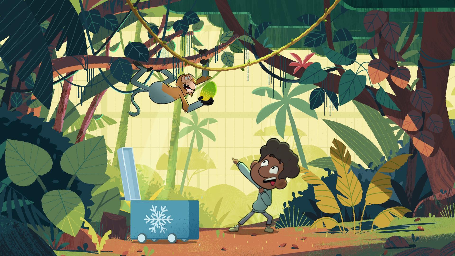 Tommy entdeckt einen Affen im Baum, der aus der blauen Kiste auf dem Boden eine Frucht geklaut hat. Er zeigt mit dem ausgestreckten Arm auf ihn.