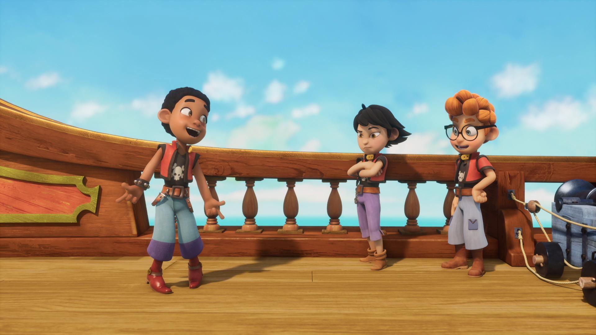 Der Himmel ist blau mit ein paar Schäfchenwolken. An der Reling steht Finn mit seinen roten Piratenstiefeln und mit ausgebreitenden Armen vor Zoe und Alexander. Er schaut sie mit großen, aufgerissenen Augen an und lächelt dabei. Seine Hände zeigen gespreizt mit den Handinnenflächen nach oben. Zoe und Alexander schauen beide zu Finn. Zoe hat ihre Arme trotzig verschränkt. Alexander hat seinen linken Arm in seine Hüfte gestemmt.