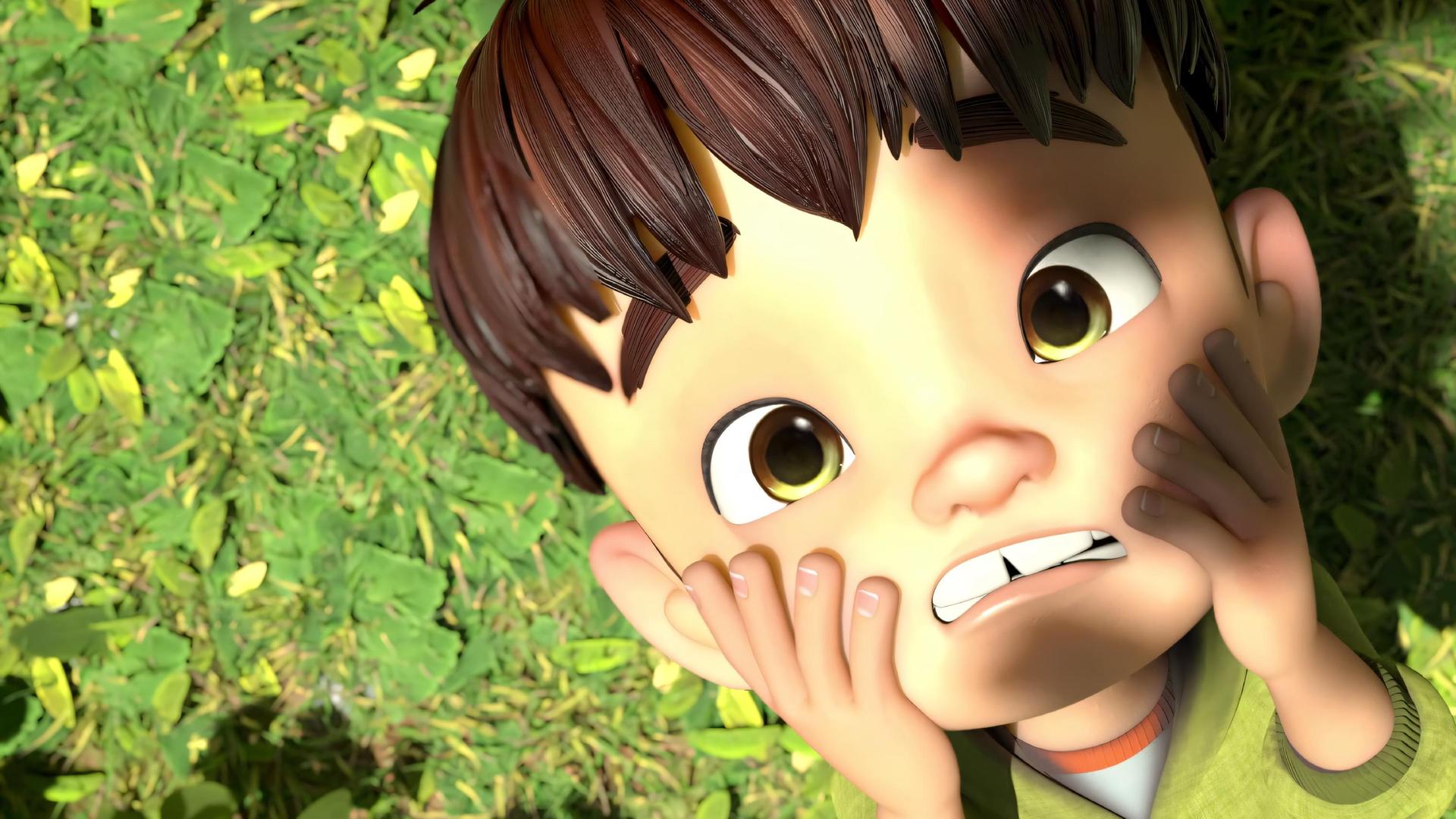 Kleiner Fuß steht im Wald und hat einen entsetzten Gesichtsausdruck. Er hält sich die Hände an die Wangen. Er hat gerade entdeckt, dass sein Honigglas verschwunden ist.