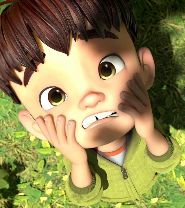 Kleiner Fuß steht im Wald und hat einen entsetzten Gesichtsausdruck. Er hält sich die Hände an die Wangen. Er hat gerade entdeckt, dass sein Honigglas verschwunden ist.