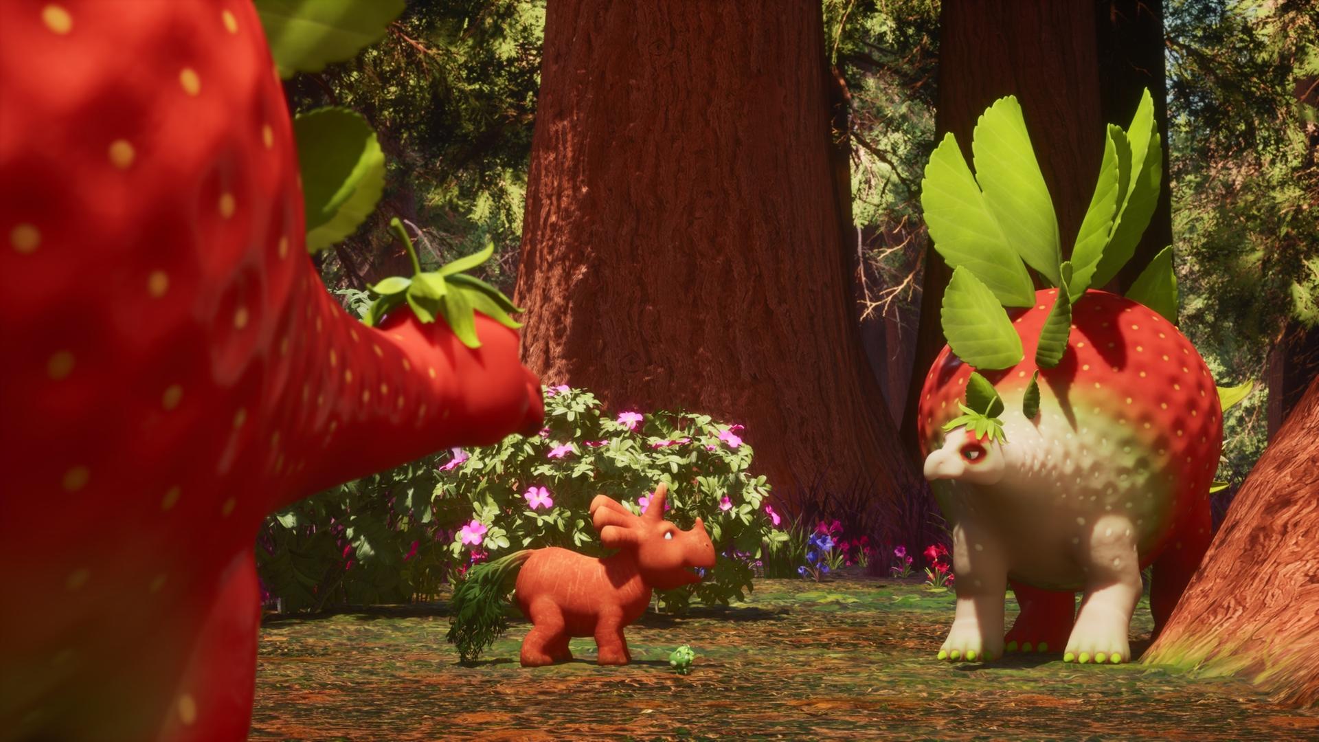 Ein großer Saurier, der aussieht wie eine Erdbeere, steht schüchtern neben einem großen Mammutbaum. Auf seinem Rücken trägt er Blätter anstelle von Rückenflossen. Er blickt zu Ginger, dem Trikarottops-Mädchen, einem kleineren Dino, der einer Karotte ähnelt. Ginger lächelt den Erdbeersaurier aufmunternd an. Von der linken Seite ragt der Kopf eines weiteren Erdbeersauriers ins Bild hinein. Er scheint Ginger und den anderen Erdbeersaurier zu beobachten.
