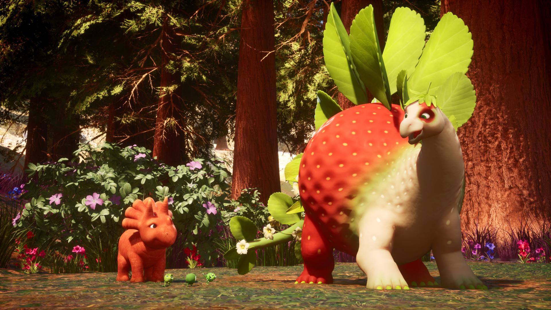 Ein großer Saurier, der aussieht wie eine Erdbeere, steht schüchtern neben einem großen Mammutbaum. Auf seinem Rücken trägt er Blätter anstelle von Rückenflossen. Er blickt zu Ginger, dem Trikarottops-Mädchen, einem kleineren Dino, der einer Karotte ähnelt. Ginger lächelt den Erdbeersaurier aufmunternd an. Von der linken Seite ragt der Kopf eines weiteren Erdbeersauriers ins Bild hinein. Er scheint Ginger und den anderen Erdbeersaurier zu beobachten.