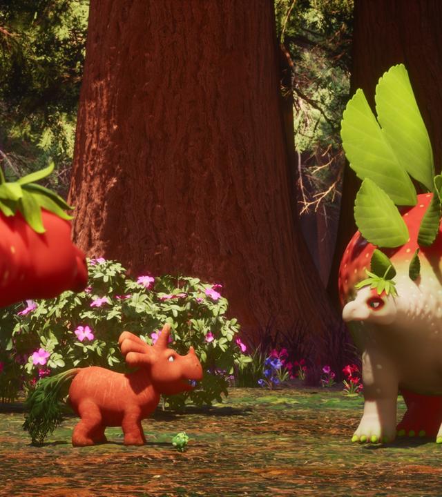 Ein großer Saurier, der aussieht wie eine Erdbeere, steht schüchtern neben einem großen Mammutbaum. Auf seinem Rücken trägt er Blätter anstelle von Rückenflossen. Er blickt zu Ginger, dem Trikarottops-Mädchen, einem kleineren Dino, der einer Karotte ähnelt. Ginger lächelt den Erdbeersaurier aufmunternd an. Von der linken Seite ragt der Kopf eines weiteren Erdbeersauriers ins Bild hinein. Er scheint Ginger und den anderen Erdbeersaurier zu beobachten.