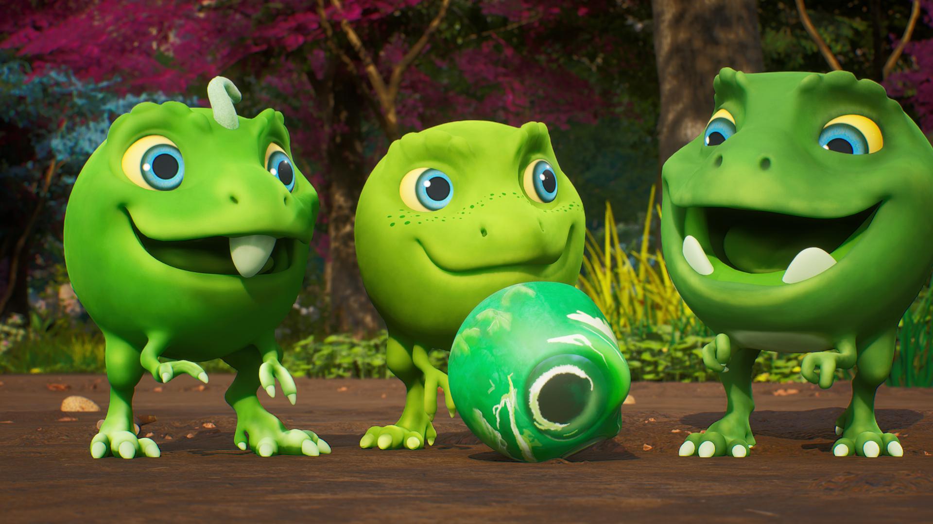 Die drei grünen Erbs-Rexe Minzi, Split und Wasabi stehen vor einem kleinen Jade-Spielstein und schauen ihn begehrlich an. Denn alle wollen mit ihm spielen.