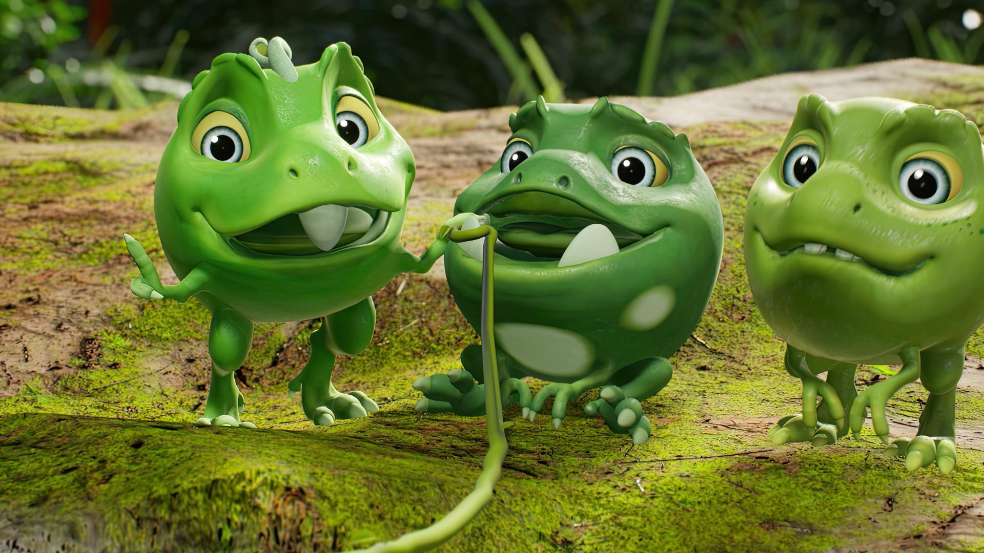 Erbs-Rexe sind Saurier, die aussehen wie Erbsen. Der Erbs-Rex Wasabi sitzt in der Mitte von zwei anderen Erbs-Rexen. Er hat den Mund offen und um einer seiner zwei Zähne ist ein Seil mit einer Schlaufe gelegt. Split, ein anderer Erbs-Rex, macht mit seinem Finger eine Geste, als wolle er sagen: "Dieses Mal klappt es bestimmt, den Wackelzahn zu ziehen".