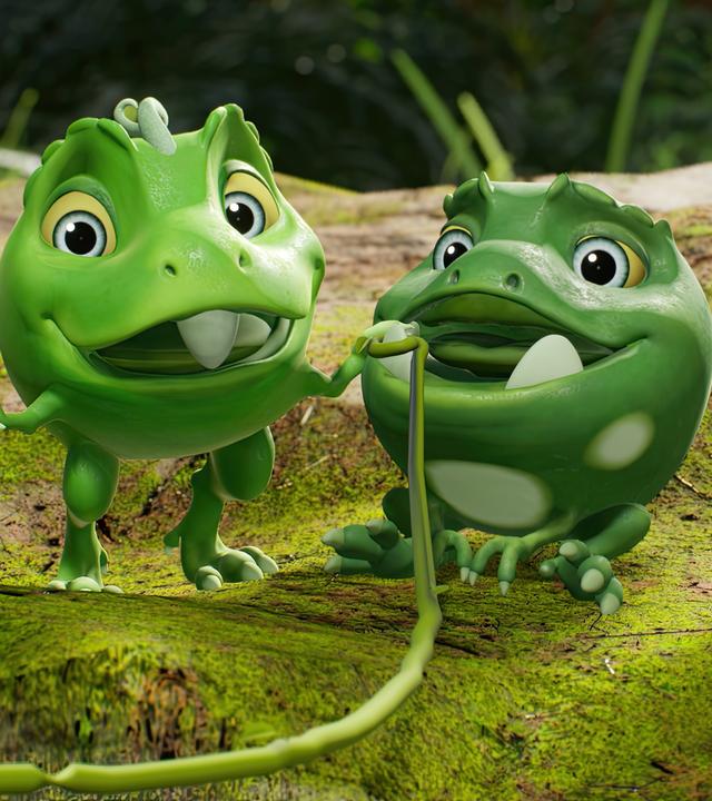 Erbs-Rexe sind Saurier, die aussehen wie Erbsen. Der Erbs-Rex Wasabi sitzt in der Mitte von zwei anderen Erbs-Rexen. Er hat den Mund offen und um einer seiner zwei Zähne ist ein Seil mit einer Schlaufe gelegt. Split, ein anderer Erbs-Rex, macht mit seinem Finger eine Geste, als wolle er sagen: "Dieses Mal klappt es bestimmt, den Wackelzahn zu ziehen".