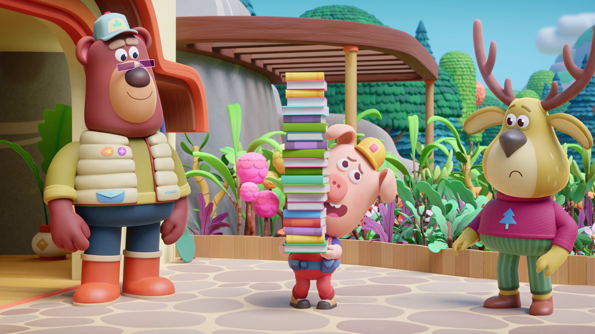 Links im Bild steht Bär Bernhard mit einer quadratischen Nickelbrille und einer Baseballmütze auf seiner Terrasse. Rechts im Bild ist Hirsch Fred zu sehen, er trägt einen warmen Pullover und grüngestreifte Hosen, und in der Bildmitte steht Schweinchen Caesar und trägt einen großen Stapel mit Büchern. Der Stapel Bücher ist deutlich größer als das kleinen Schweinchen. Caesar macht ein besorgtes Gesicht.