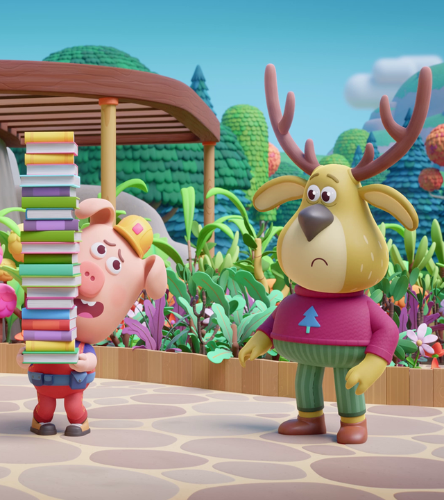 Links im Bild steht Bär Bernhard mit einer quadratischen Nickelbrille und einer Baseballmütze auf seiner Terrasse. Rechts im Bild ist Hirsch Fred zu sehen, er trägt einen warmen Pullover und grüngestreifte Hosen, und in der Bildmitte steht Schweinchen Caesar und trägt einen großen Stapel mit Büchern. Der Stapel Bücher ist deutlich größer als das kleinen Schweinchen. Caesar macht ein besorgtes Gesicht.