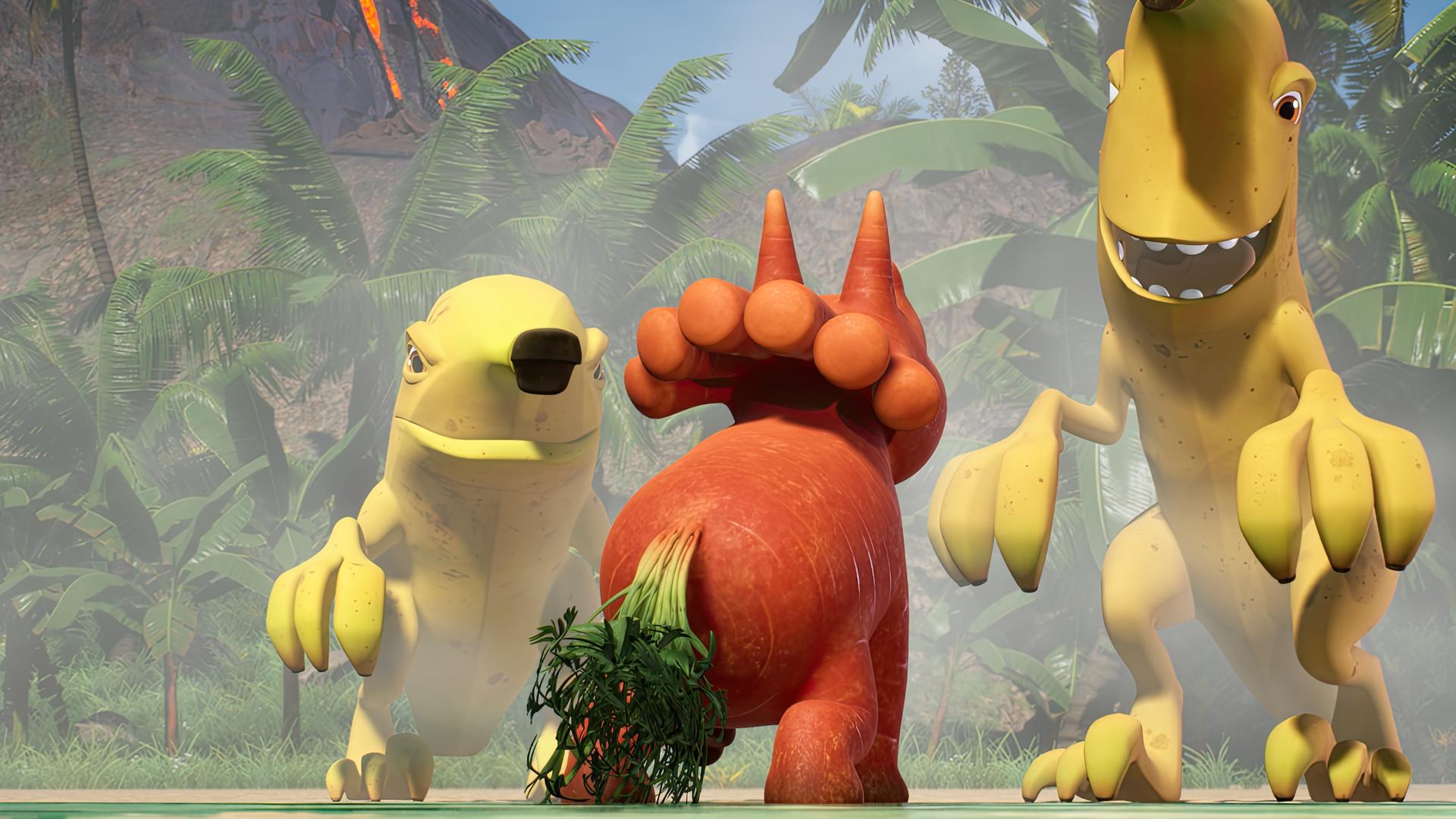 Das Trikarottops-Mädchen Ginger steht vor zwei fiesen, gelben Bananaraptoren. Sie sehen aus wie Bananen, aber Ginger fühlt sich von ihnen bedroht.