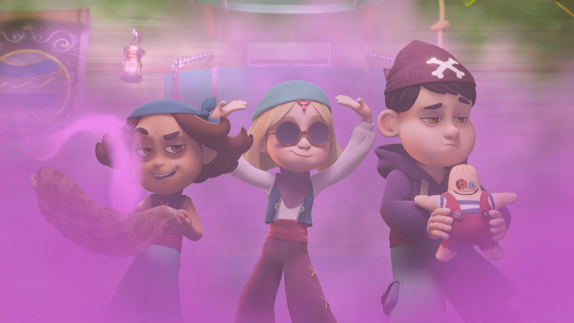 Die Seepferdchen stehen nebeneinander unter Deck inmitten von pinkfarbenem Nebel. Sie halten eine Voodoo-Puppe in Gestalt von Conan und tanzen dazu.