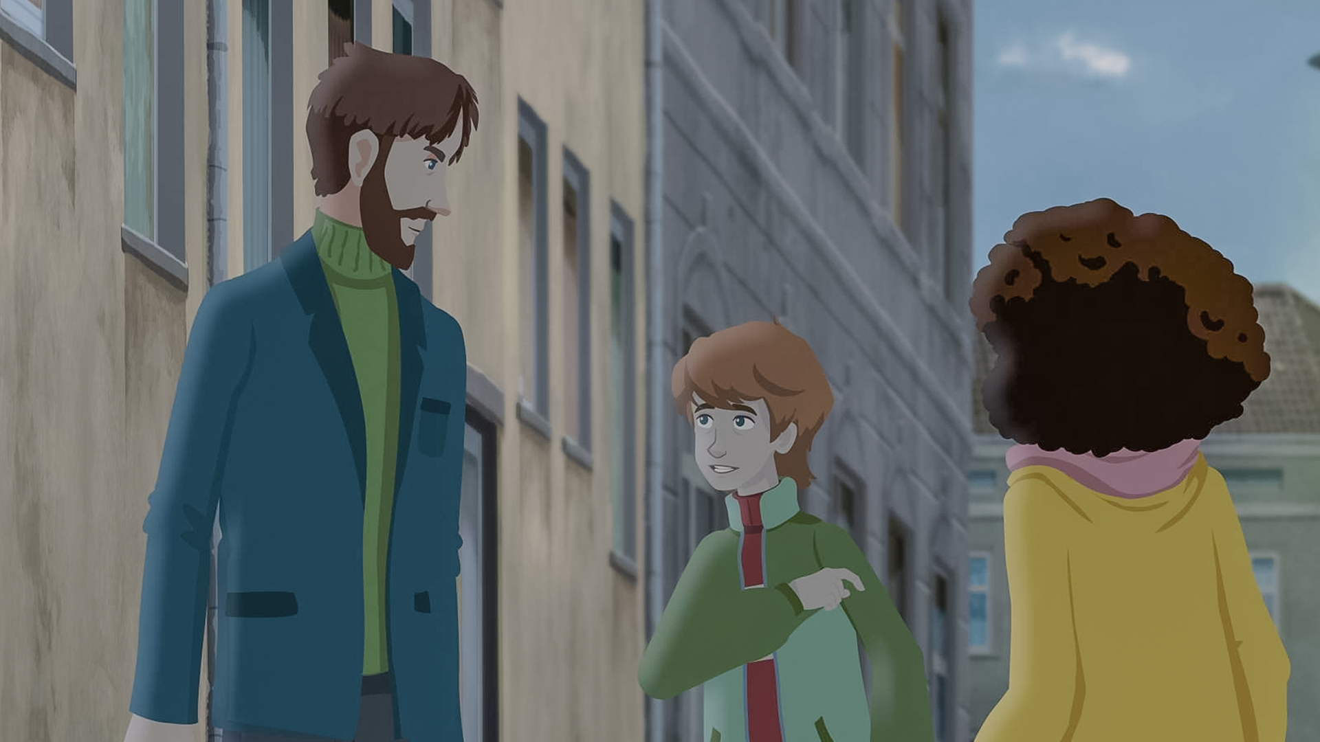 Paul in der Bildmitte blickt fragend zu seinem kritisch schauenden Onkel, der links neben ihm steht. Millie am rechten Bild beobachtet die beiden.