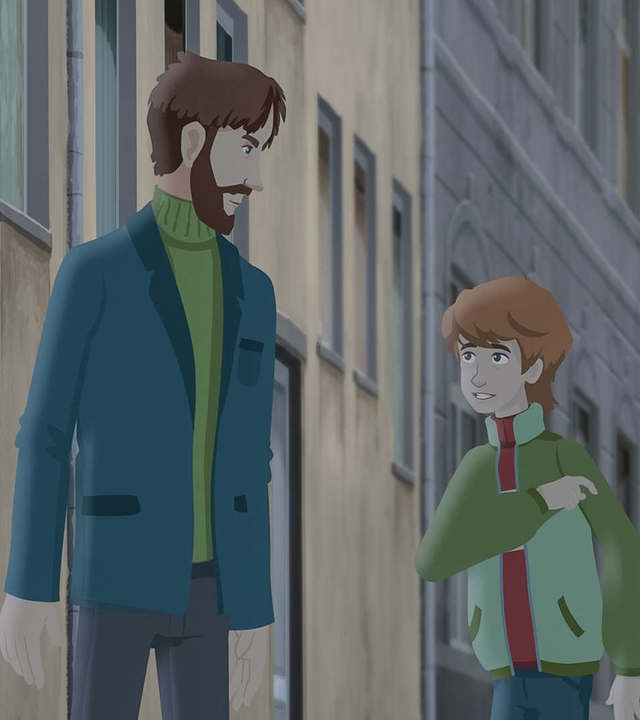 Paul in der Bildmitte blickt fragend zu seinem kritisch schauenden Onkel, der links neben ihm steht. Millie am rechten Bild beobachtet die beiden.