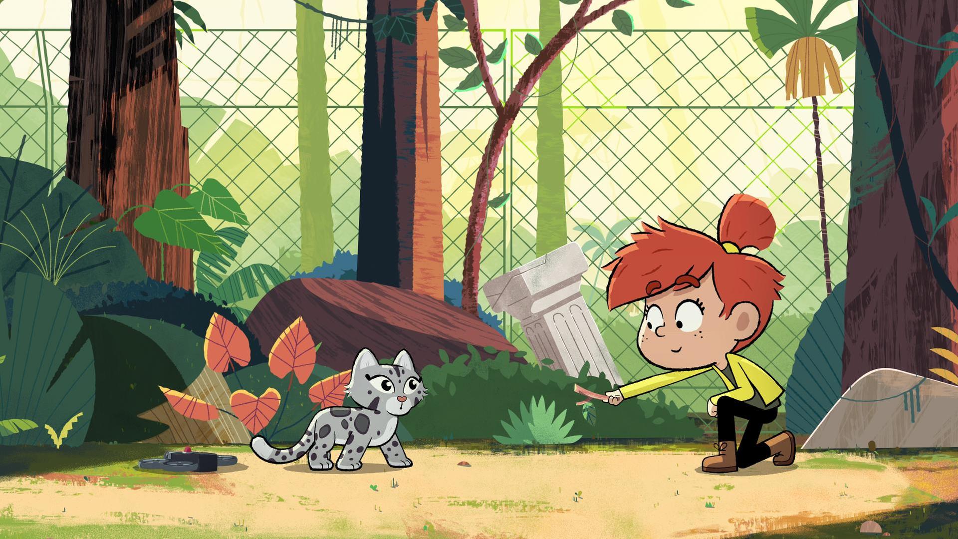 Ein rothaariges Mädchen hält einer kleinen, gepunkteten Nebelparder-Dame etwas zum Fressen hin. Diese blickt überrascht und ängstlich.