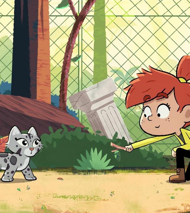 Ein rothaariges Mädchen hält einer kleinen, gepunkteten Nebelparder-Dame etwas zum Fressen hin. Diese blickt überrascht und ängstlich.