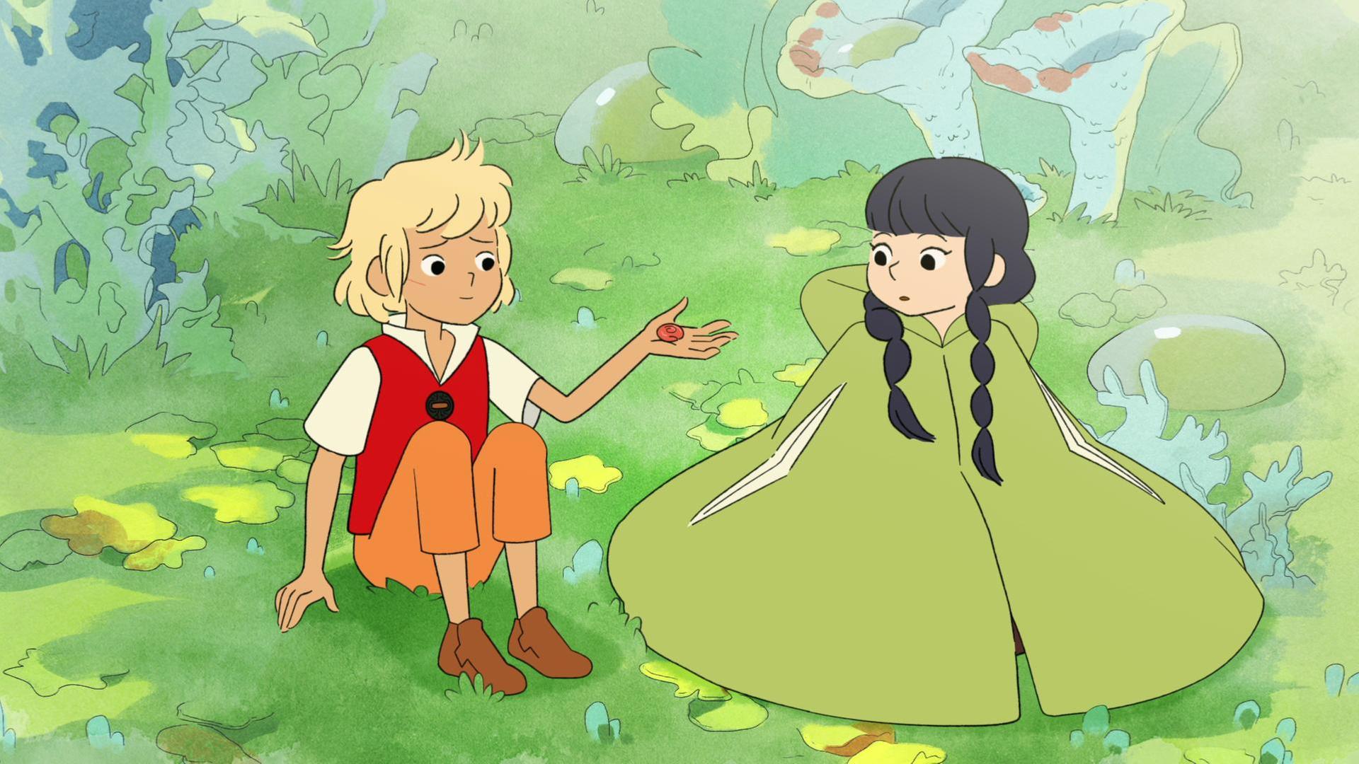 Tobie sitzt auf einer Wiese und streckt seine Hand mit einem kleinen roten Stein oder Schneckenhaus der erstaunten Elisha hin. Sie sitzt mit einem ausgebreiteten Umhang und Zöpfen neben ihm. Sie scheint erschrocken.